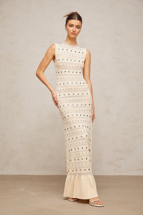 Aurohaya Chloé studded crochet-knit maxi dress in Neutrals