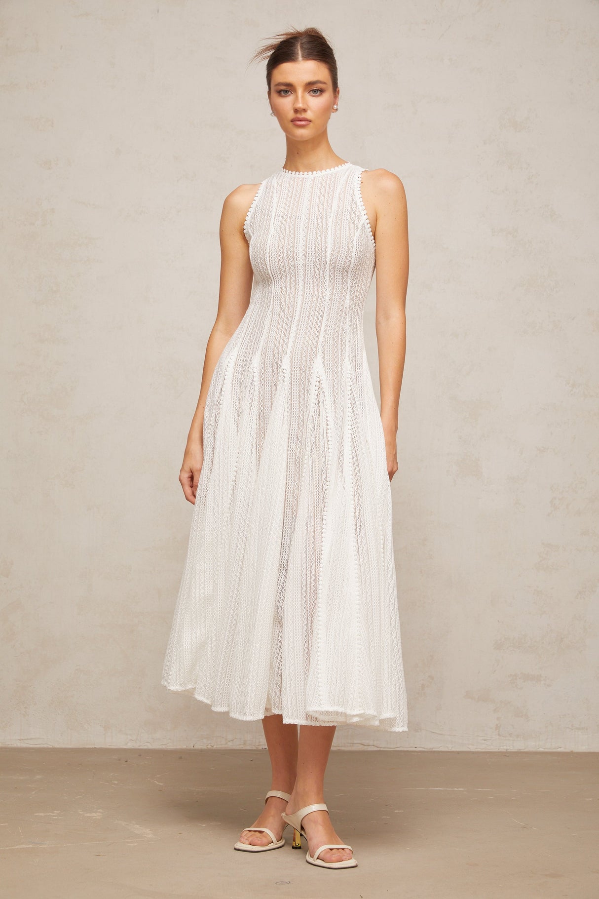 Aurohaya Hélène white pointelle puff midi dress