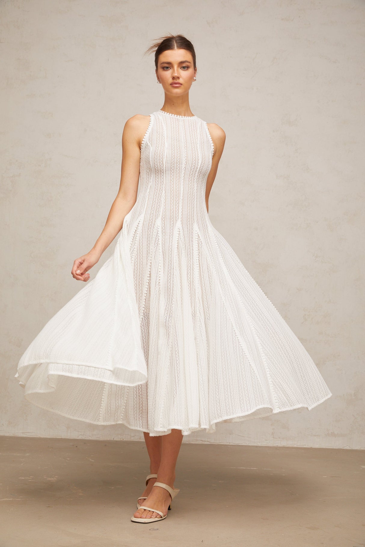 Aurohaya Hélène white pointelle puff midi dress