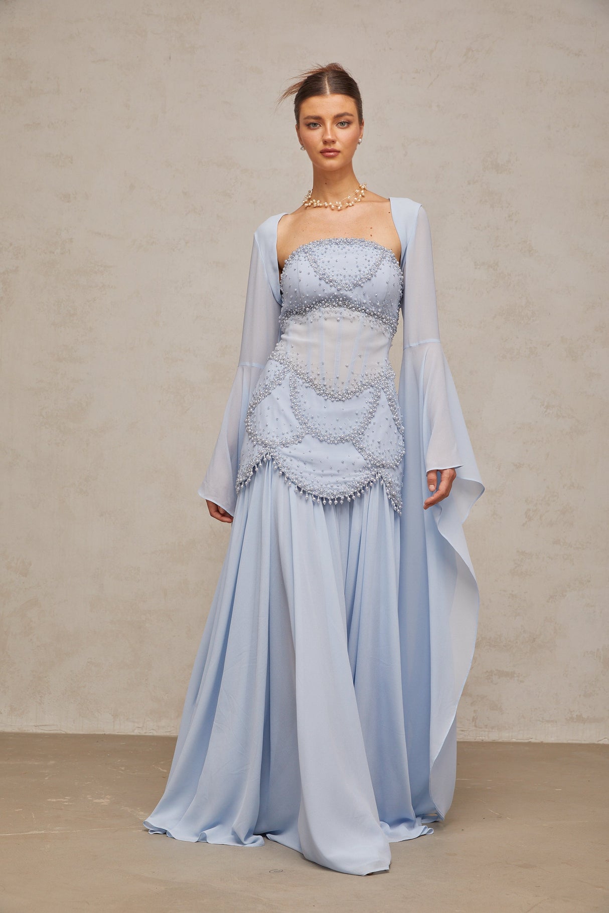 Aurohaya Gaëlle Faux-pearl-embellished Pleated Maxi Dress in Light-blue