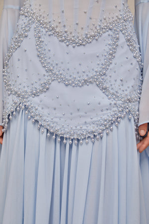 Aurohaya Gaëlle Faux-pearl-embellished Pleated Maxi Dress in Light-blue