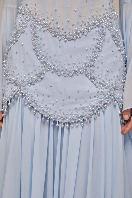 Aurohaya Gaëlle Faux-pearl-embellished Pleated Maxi Dress in Light-blue
