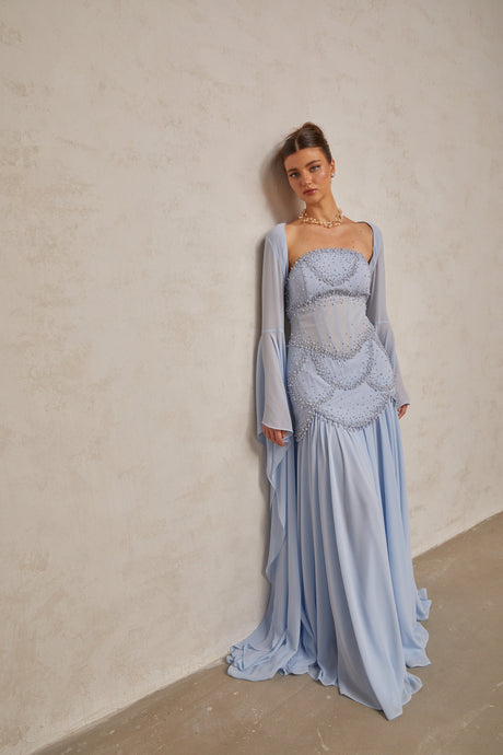 Aurohaya Gaëlle Faux-pearl-embellished Pleated Maxi Dress in Light-blue