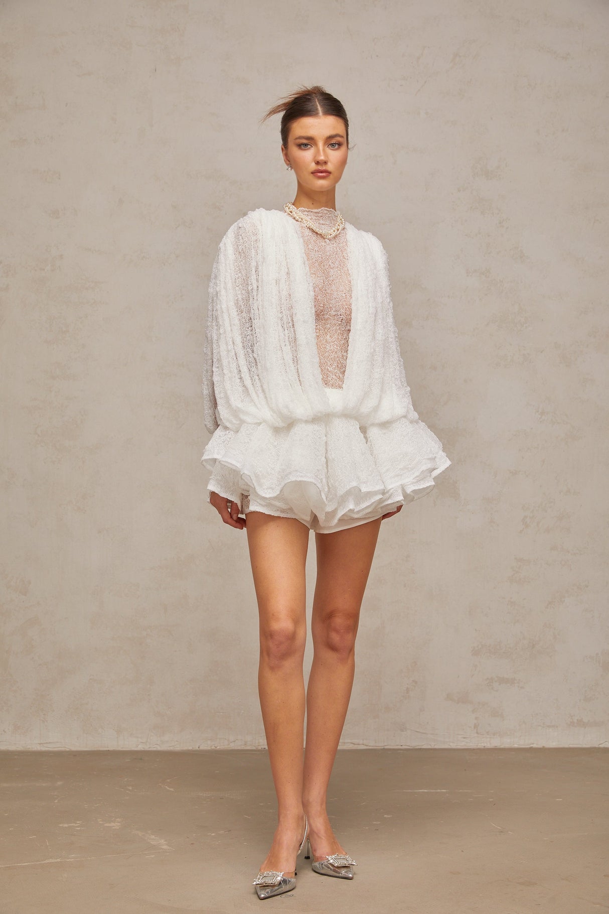 Aurohaya Isoline white semi-sheer lace top & shorts & dress matching set