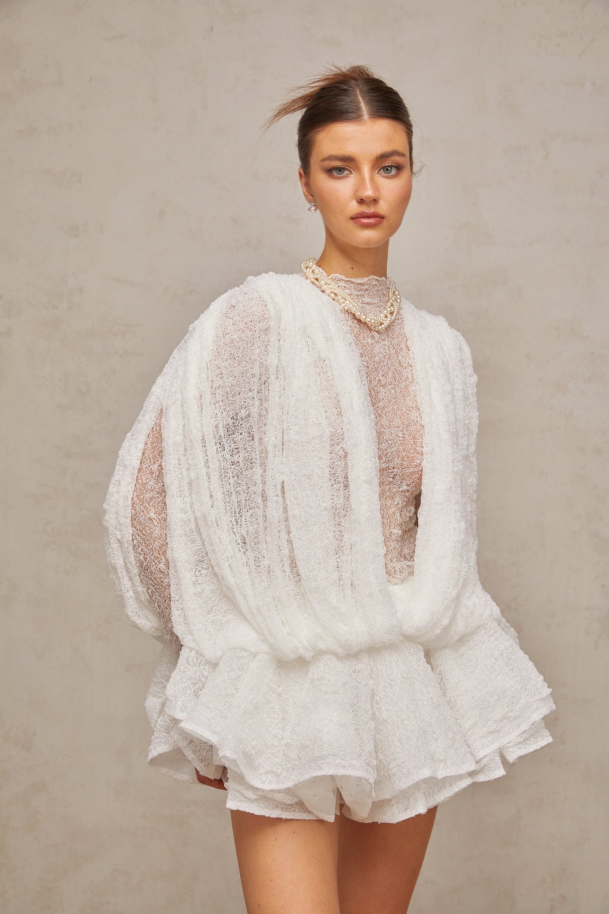 Aurohaya Isoline white semi-sheer lace top & shorts & dress matching set