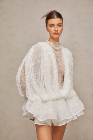 Aurohaya Isoline white semi-sheer lace top & shorts & dress matching set