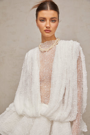 Aurohaya Isoline white semi-sheer lace top & shorts & dress matching set