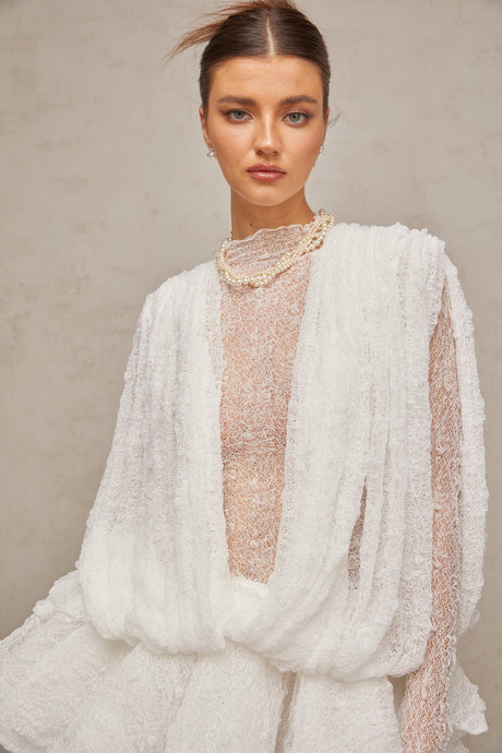 Aurohaya Isoline white semi-sheer lace top & shorts & dress matching set
