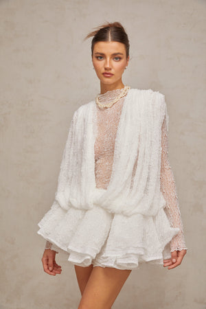 Aurohaya Isoline white semi-sheer lace top & shorts & dress matching set