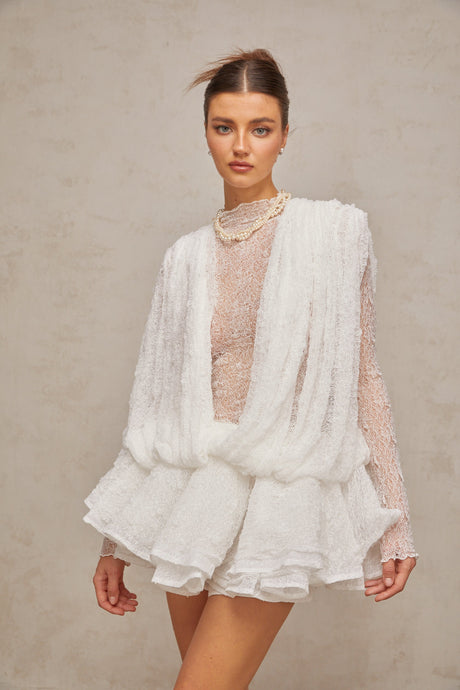 Aurohaya Isoline white semi-sheer lace top & shorts & dress matching set
