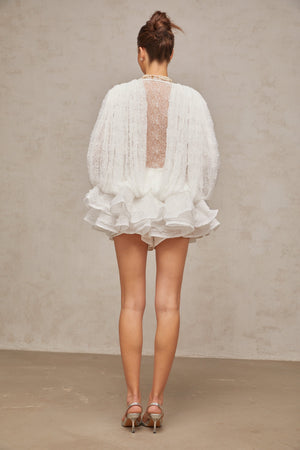 Aurohaya Isoline white semi-sheer lace top & shorts & dress matching set