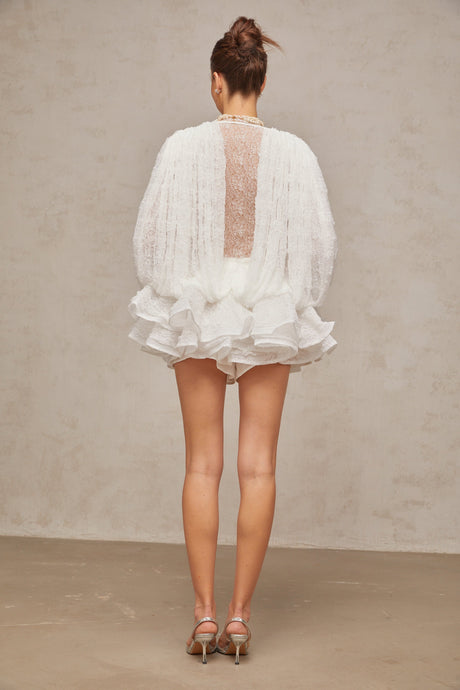 Aurohaya Isoline white semi-sheer lace top & shorts & dress matching set