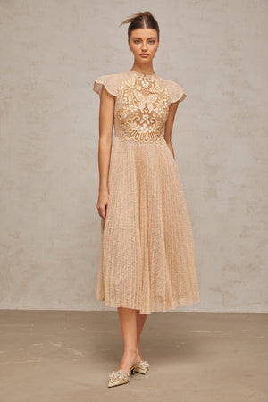 Aurohaya Nerissa embroidered pleated midi dress