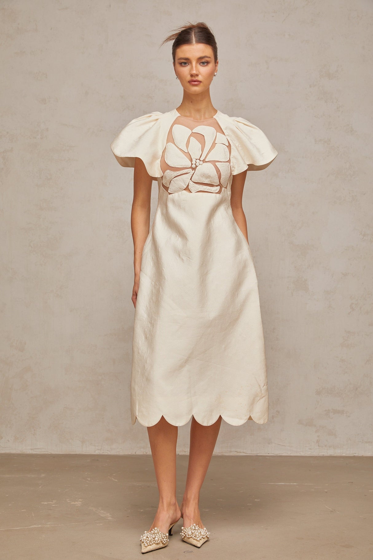 Aurohaya Ségolène white flower jacquard midi dress