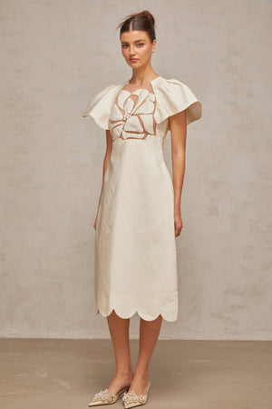 Aurohaya Ségolène white flower jacquard midi dress