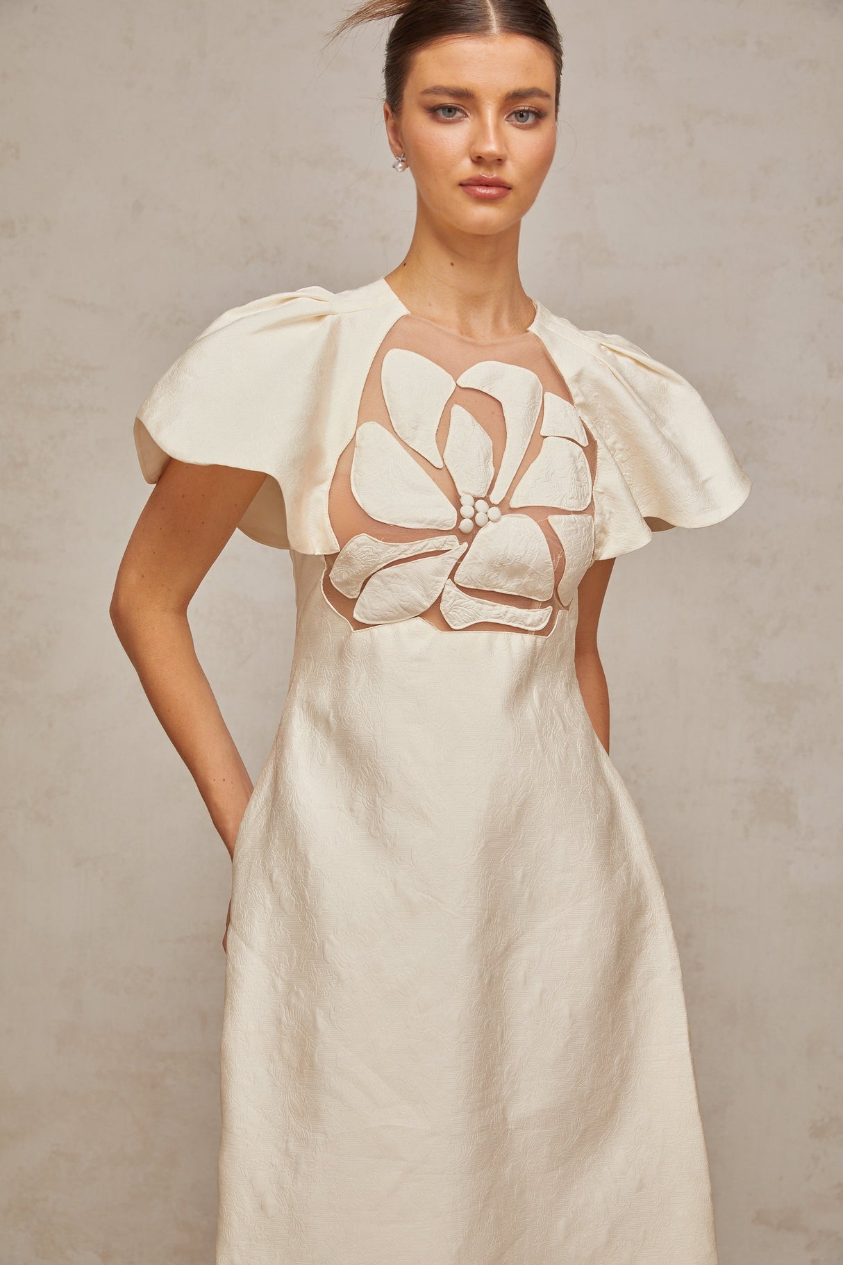 Aurohaya Ségolène white flower jacquard midi dress