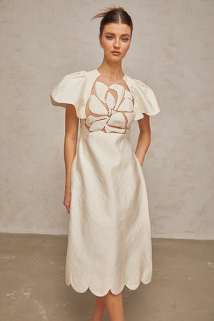 Aurohaya Ségolène white flower jacquard midi dress
