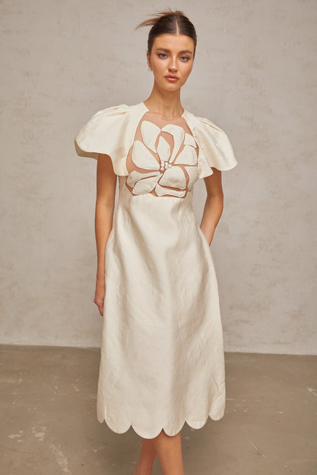 Aurohaya Ségolène white flower jacquard midi dress