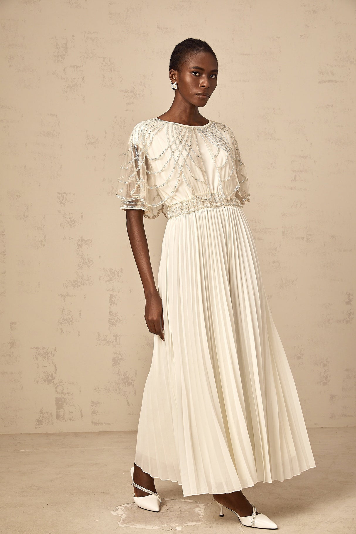 Aurohaya Xénia white crystal-embellished pleated maxi dress