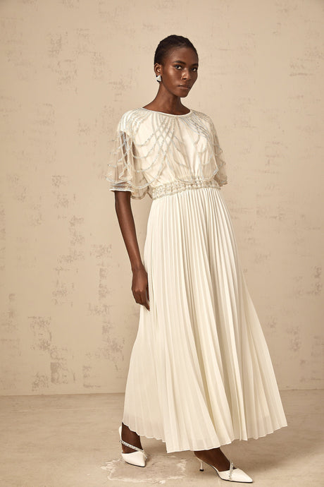 Aurohaya Xénia white crystal-embellished pleated maxi dress