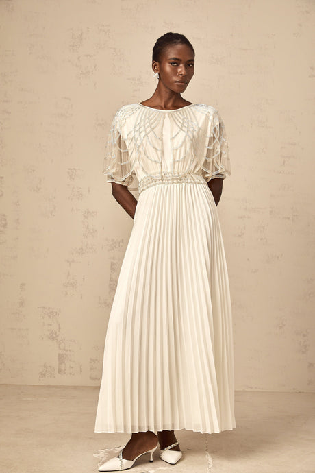 Aurohaya Xénia white crystal-embellished pleated maxi dress