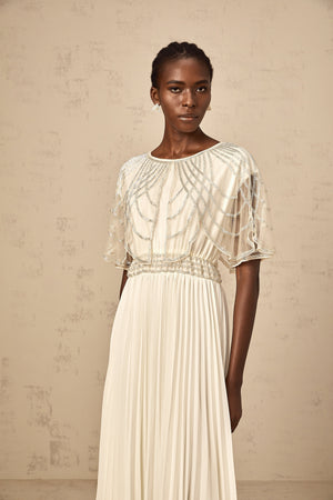 Aurohaya Xénia white crystal-embellished pleated maxi dress