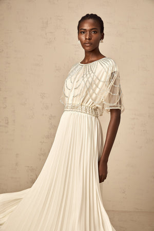 Aurohaya Xénia white crystal-embellished pleated maxi dress