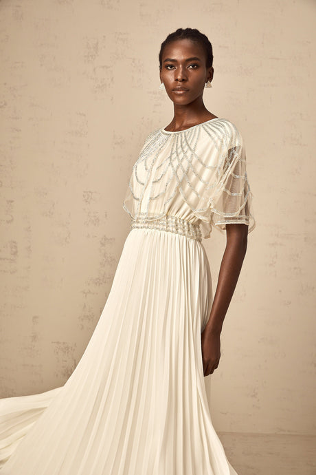 Aurohaya Xénia white crystal-embellished pleated maxi dress
