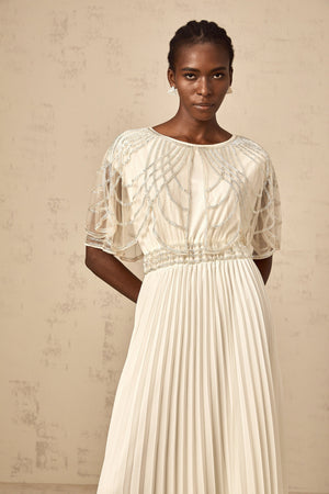 Aurohaya Xénia white crystal-embellished pleated maxi dress