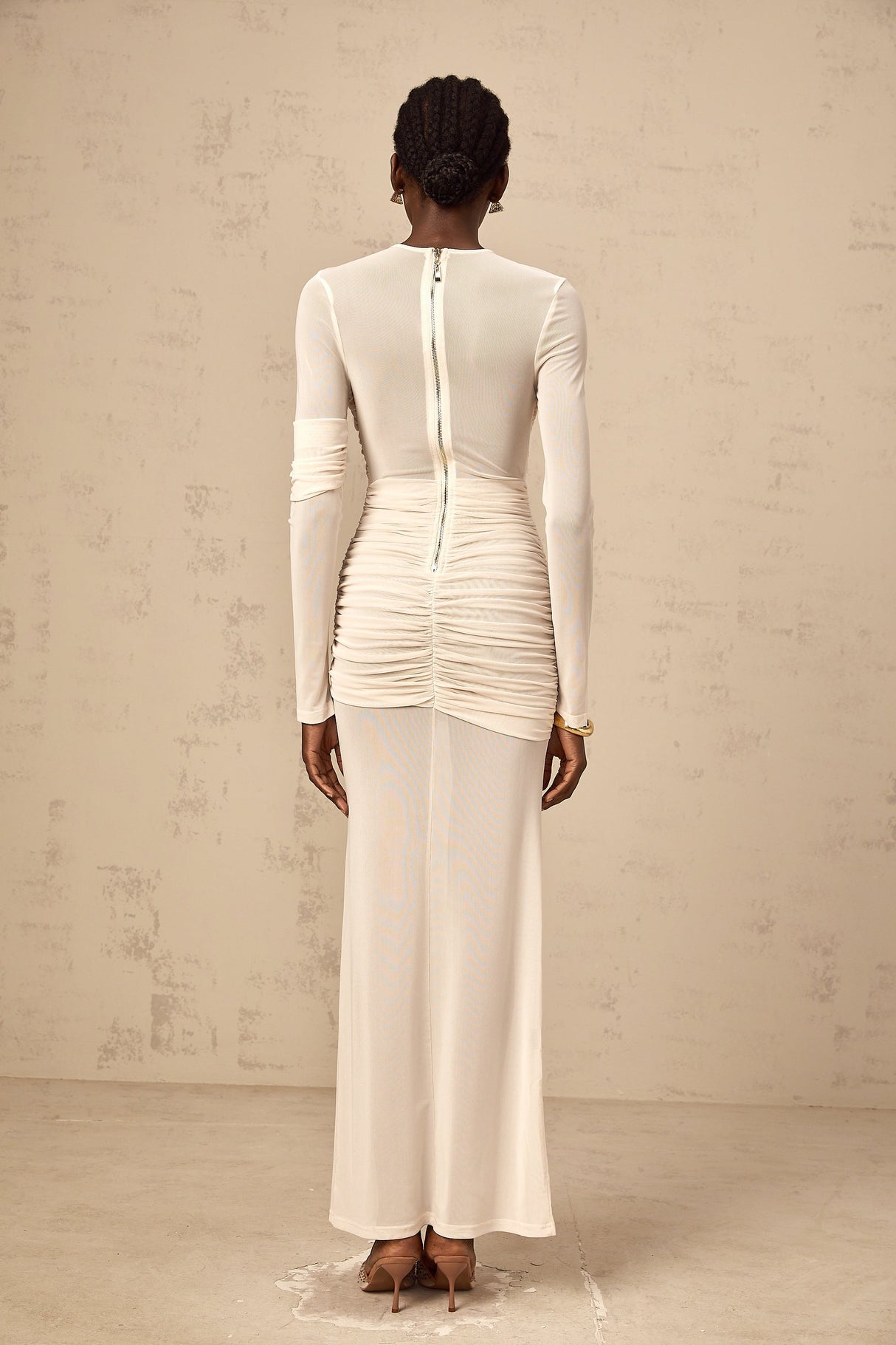 Aurohaya Véronique white ruched tulle maxi dress
