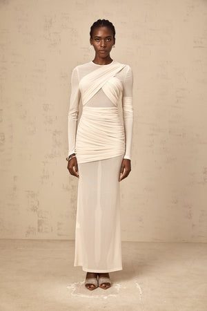 Aurohaya Véronique white ruched tulle maxi dress