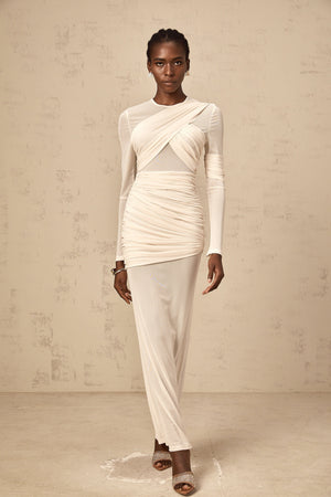 Aurohaya Véronique white ruched tulle maxi dress