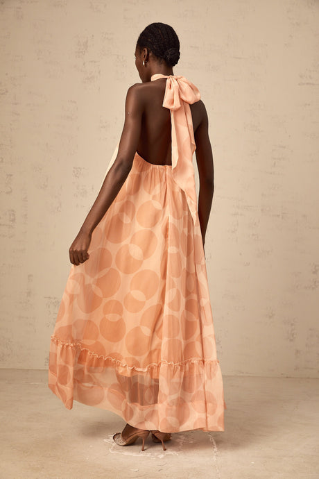 Aurohaya Clémence coral-pink halterneck pattern-print maxi dress