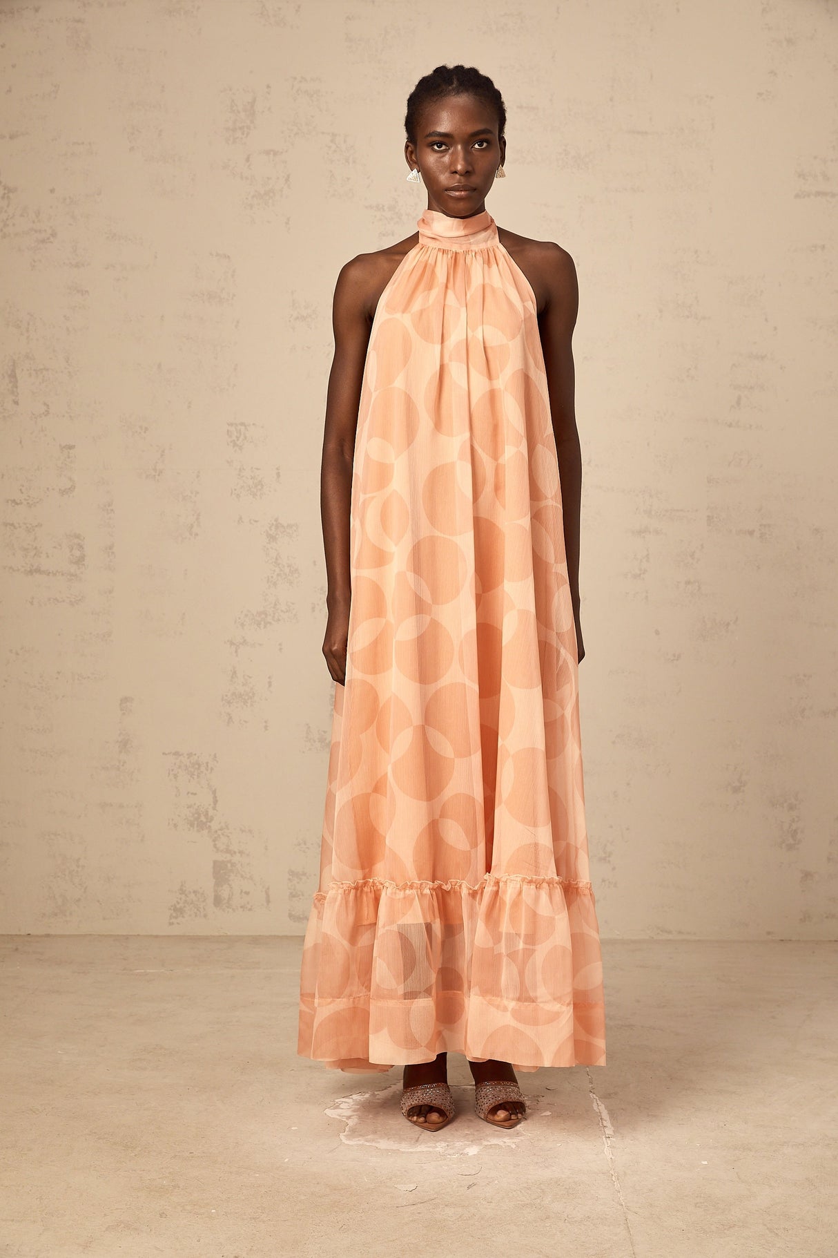 Aurohaya Clémence coral-pink halterneck pattern-print maxi dress