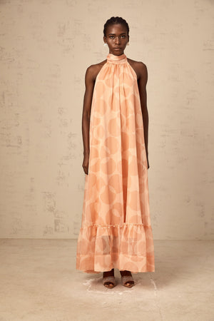 Aurohaya Clémence coral-pink halterneck pattern-print maxi dress