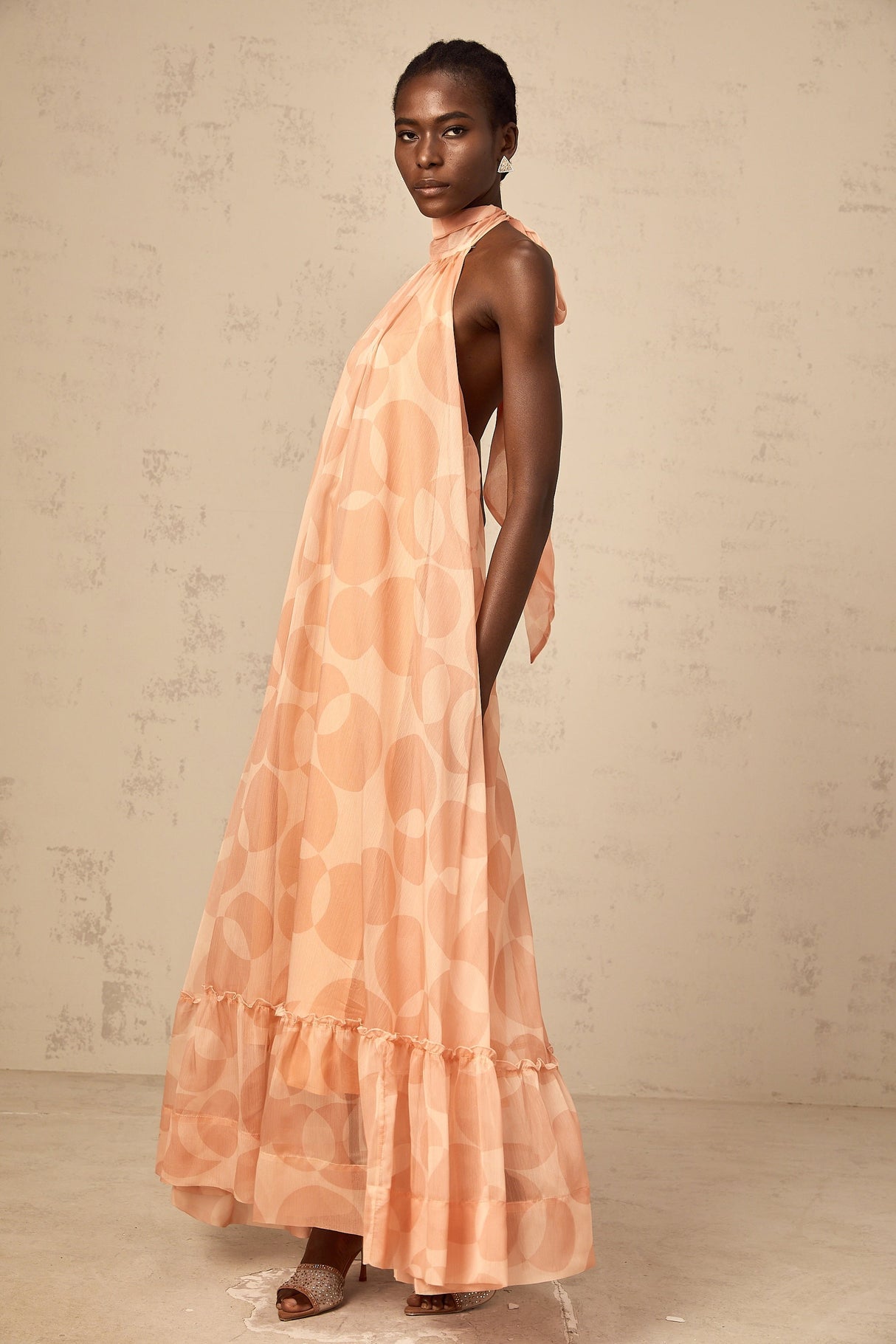 Aurohaya Clémence coral-pink halterneck pattern-print maxi dress