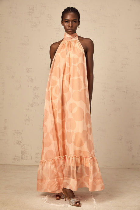 Aurohaya Clémence coral-pink halterneck pattern-print maxi dress