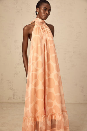 Aurohaya Clémence coral-pink halterneck pattern-print maxi dress