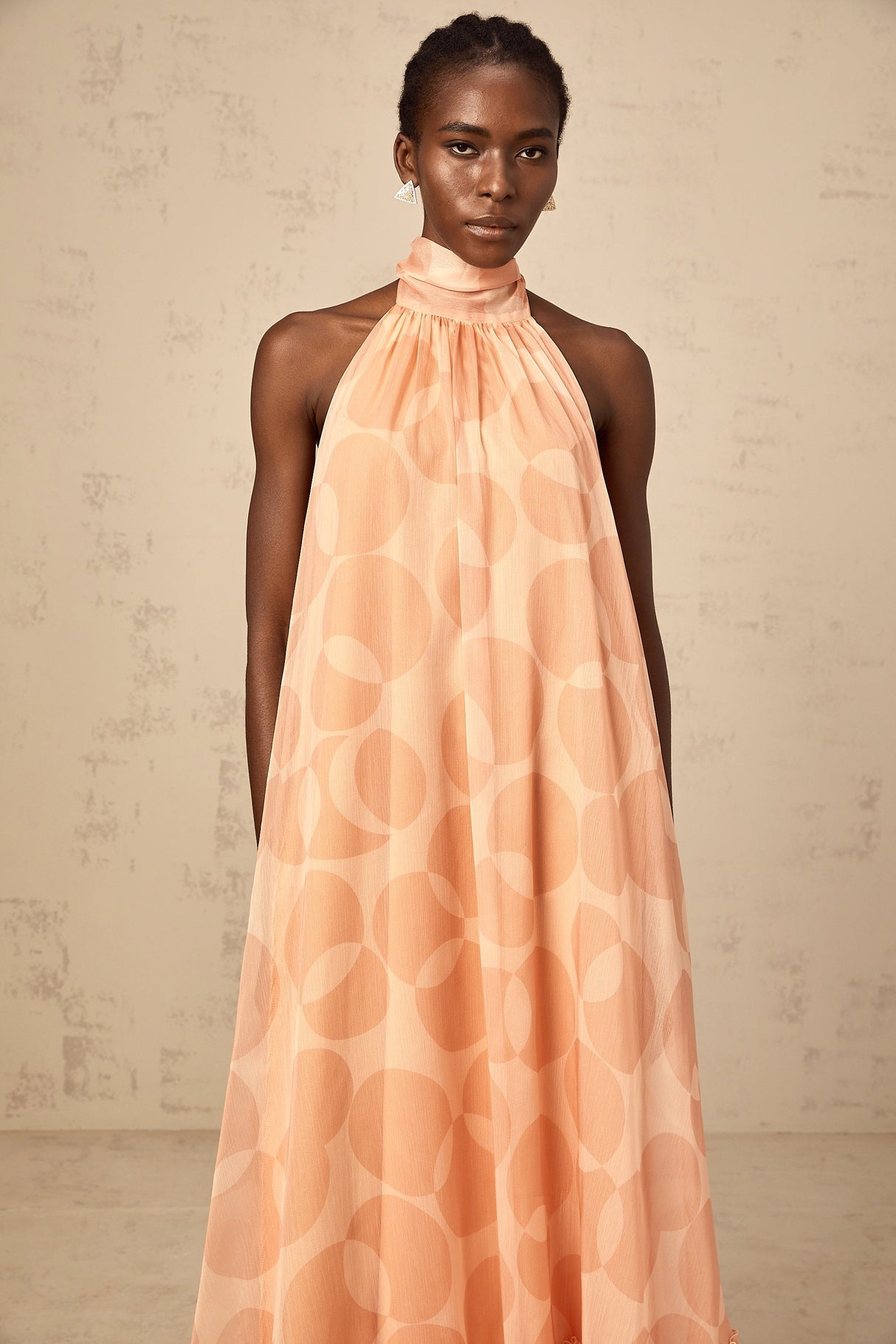 Aurohaya Clémence coral-pink halterneck pattern-print maxi dress