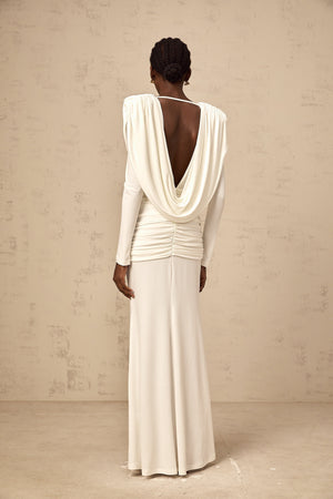 Aurohaya Wanda white ruched fitted maxi dress