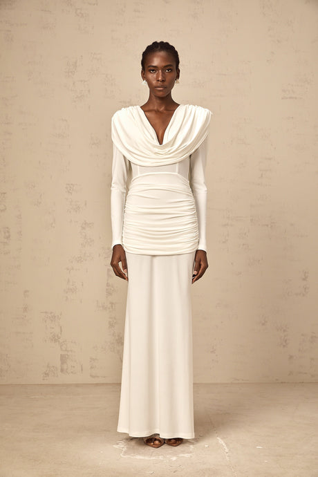 Aurohaya Wanda white ruched fitted maxi dress