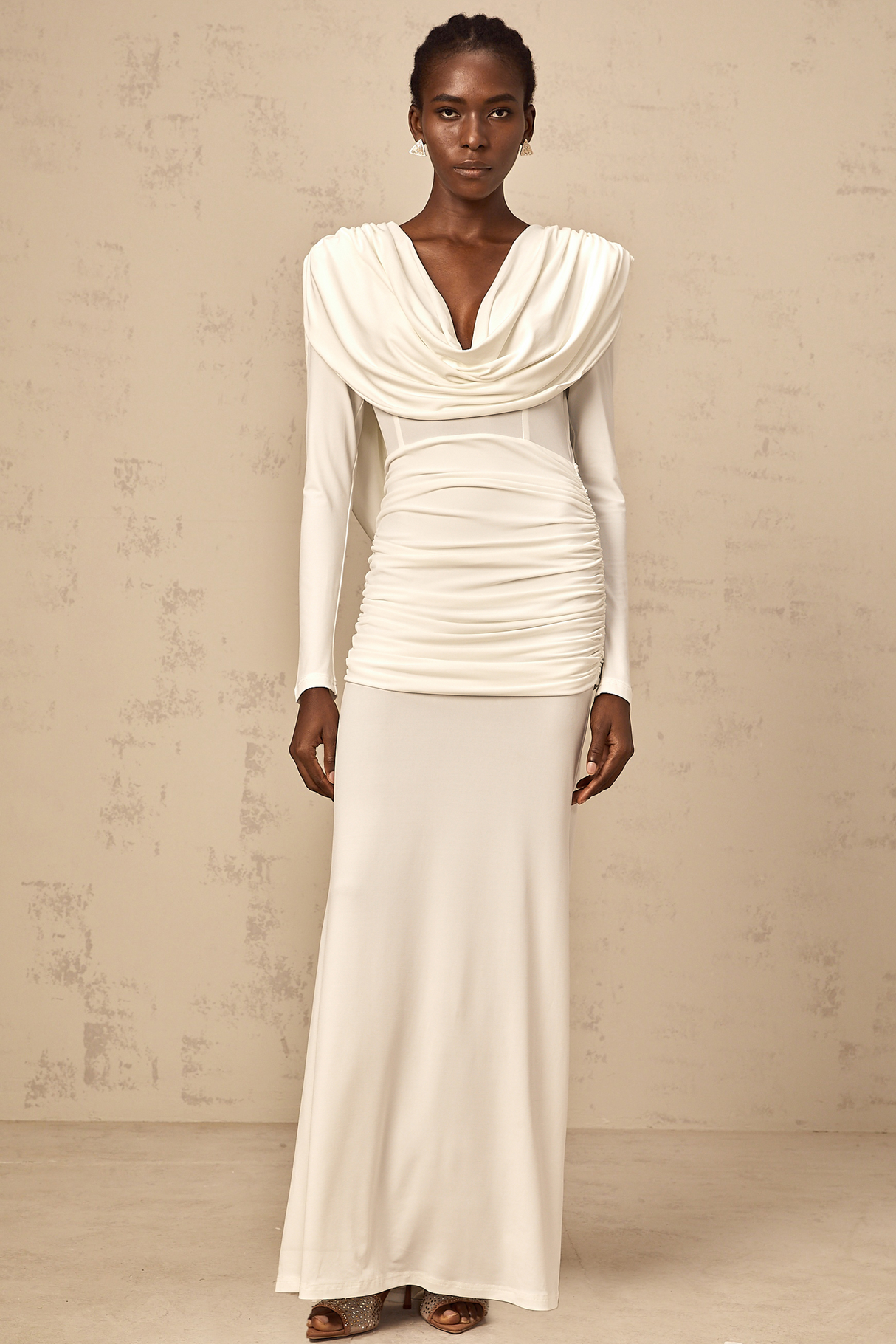 Aurohaya Wanda white ruched fitted maxi dress