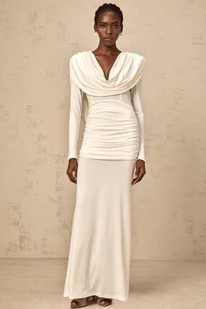 Aurohaya Wanda white ruched fitted maxi dress