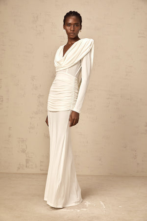 Aurohaya Wanda white ruched fitted maxi dress