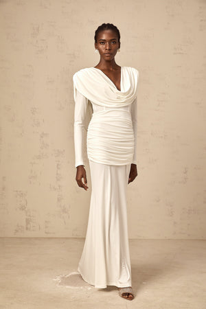 Aurohaya Wanda white ruched fitted maxi dress