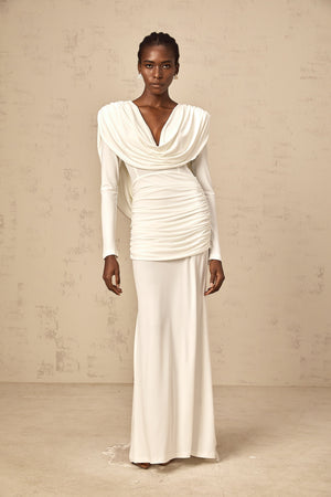 Aurohaya Wanda white ruched fitted maxi dress