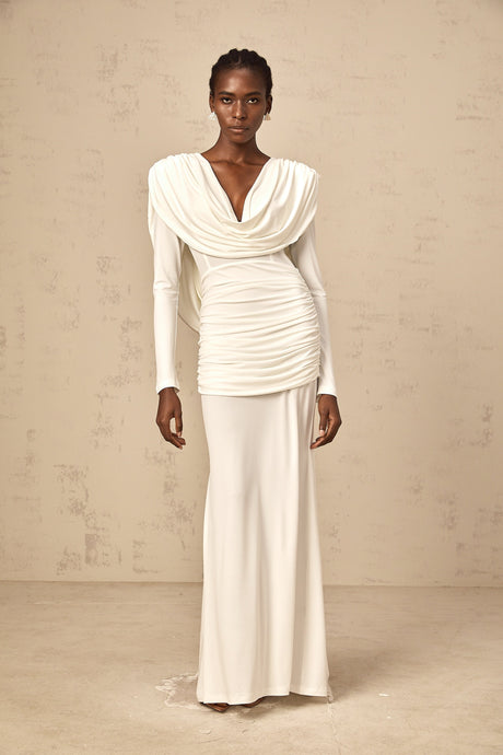 Aurohaya Wanda white ruched fitted maxi dress
