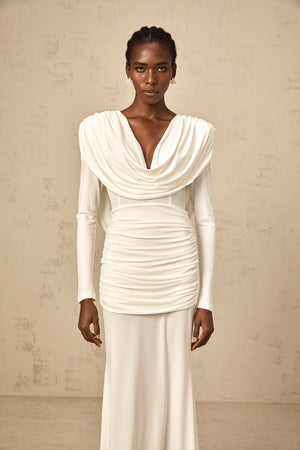 Aurohaya Wanda white ruched fitted maxi dress