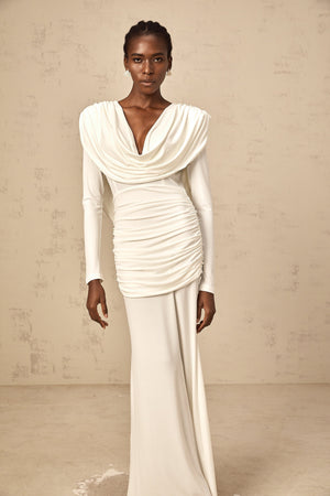 Aurohaya Wanda white ruched fitted maxi dress