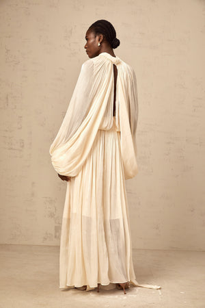 Aurohaya Mila pleated satin maxi dress in Neutrals